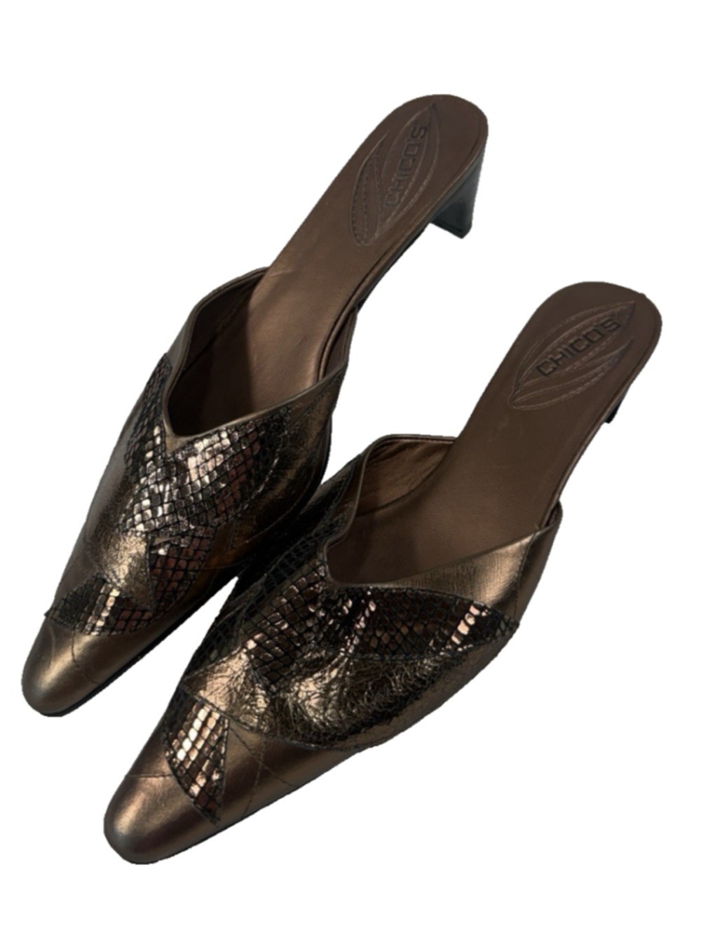 Vintage Chico’s Samantha Metallic Leather Mules Women’s 8M Bronze Embossed